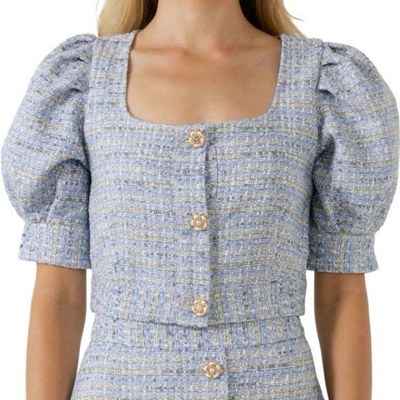 Endless Rose Anthropologie Puff Sleeve Tweed Crop Top size small women's - Picture 1 of 11